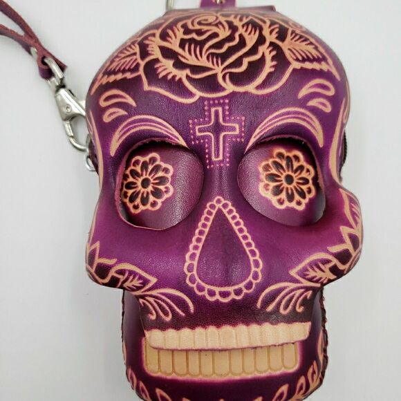 Sugar Skull Leather Wristlet Small Purple Coin Purse Keychain Calavera Wallet - Picture 16 of 16